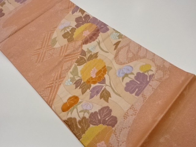 曲線に草花・菱模様織出し袋帯